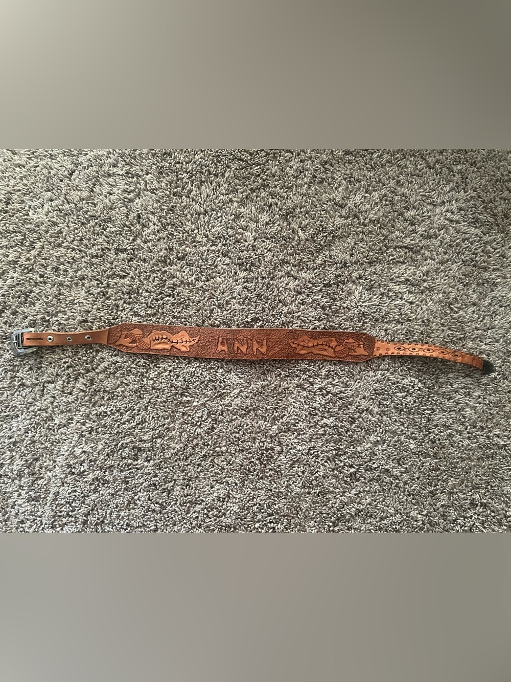 Vintage Hand‑Tooled Kids Brown Leather Belt with 'ANN' Name Silver Hardware